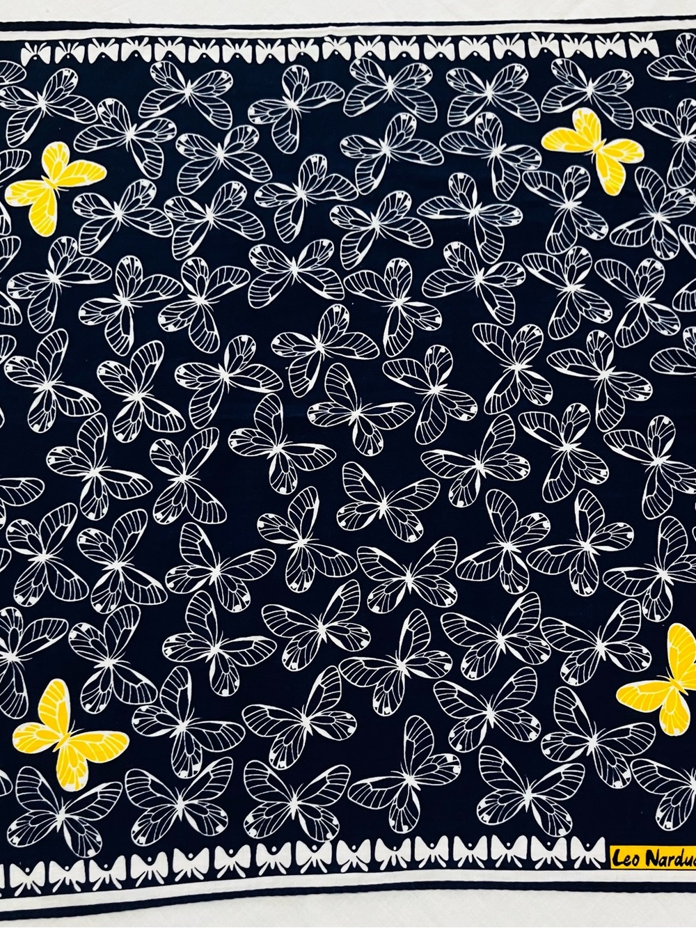 1970's Navy Butterfly Print Scarf with Yellow Accents